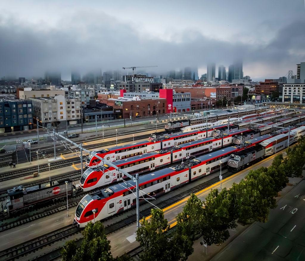 Arial shot of electric trains at San Francisco Station