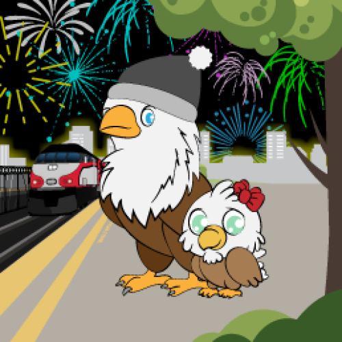 Adult and baby bald eagle with Caltrain and fireworks in background