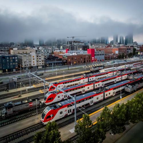 Arial shot of electric trains at San Francisco Station