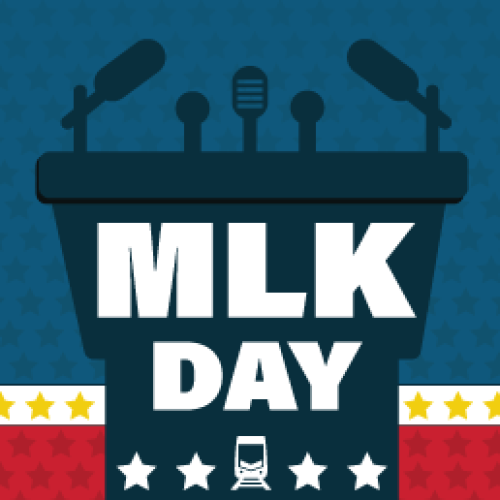 Graphic of podium with text "MLK Day"